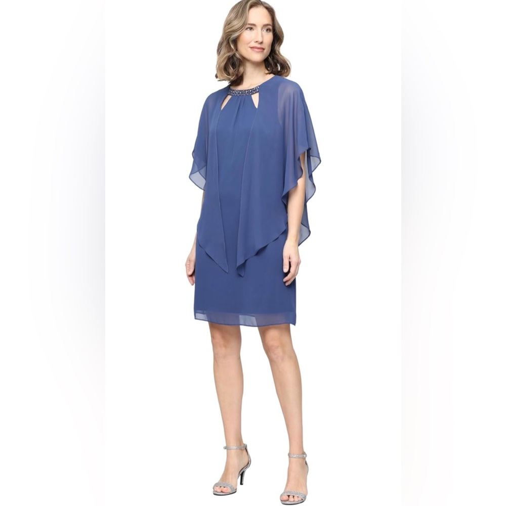 NEW SLNY Blue Chiffon Cape-Back Shift Dress